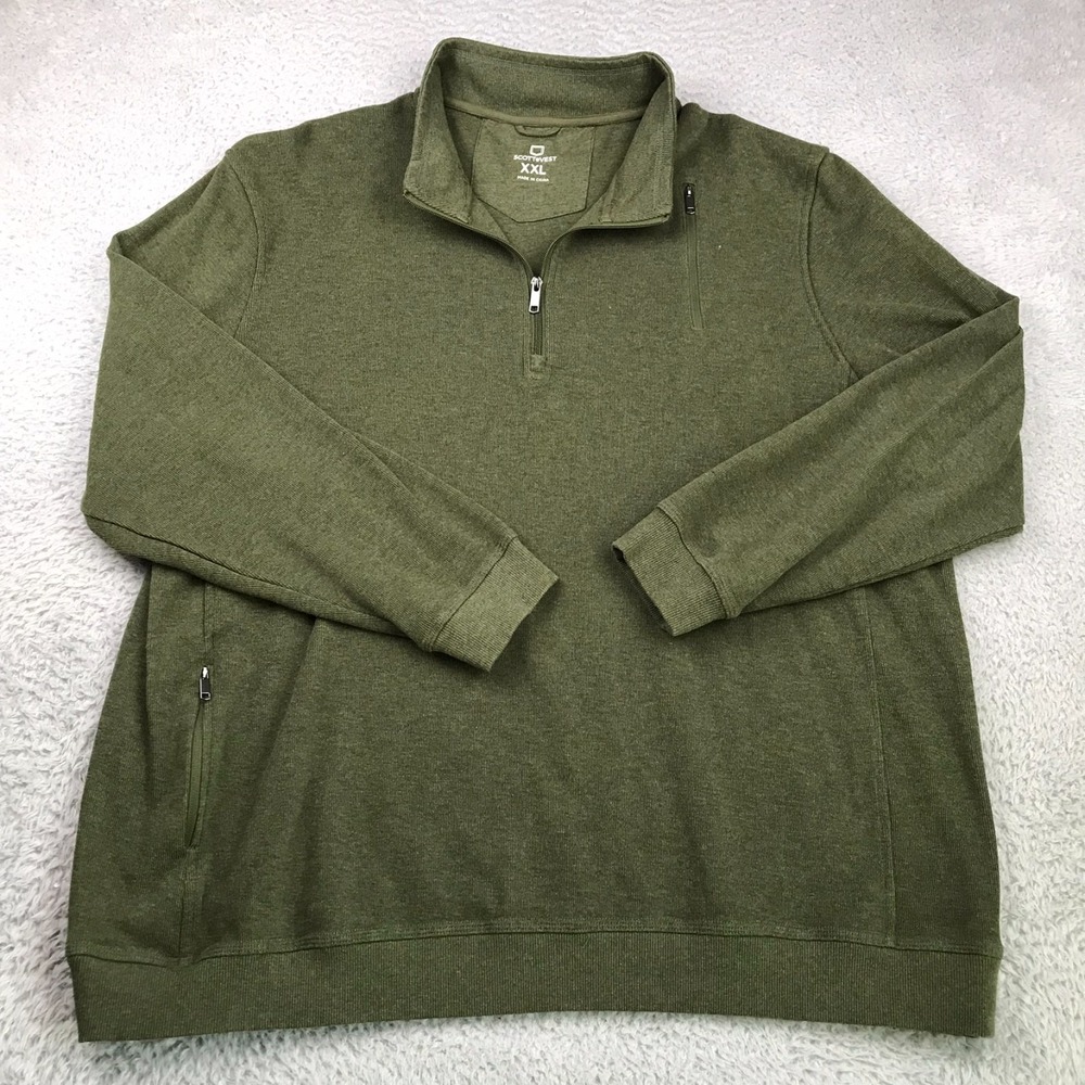 SCOTTeVEST 1/4 Zip Pullover Sweater Mens 2XL Olive 100% Cotton Tech Knit Pockets